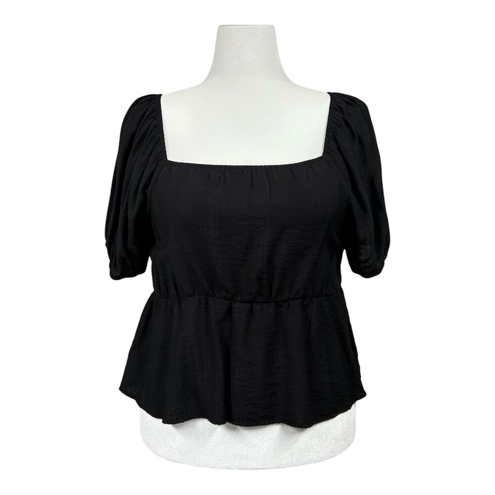 Shein Peplum Smocked Puff Sleeve Square Neck Blouse Sz 2XL Black